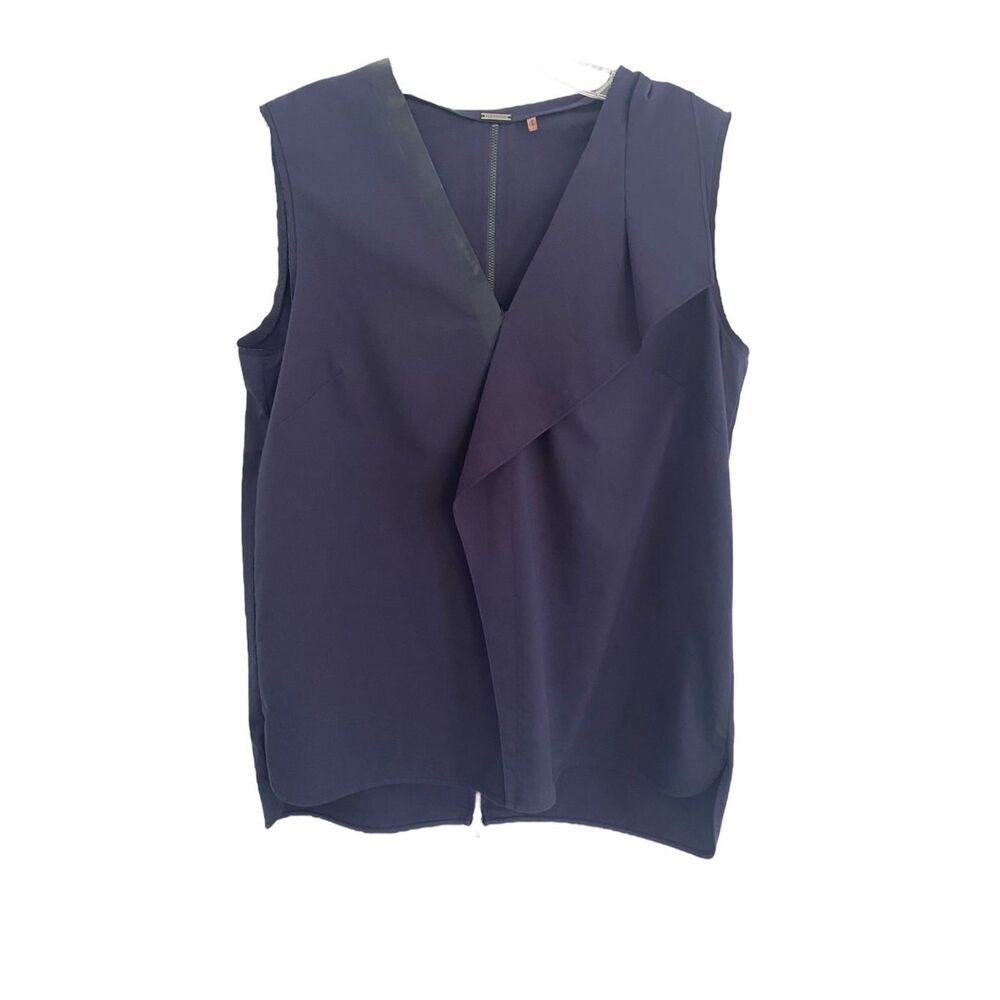 Elie Tahari Navy Blue V Neck Back Zipper Sleeveless Top Sz M